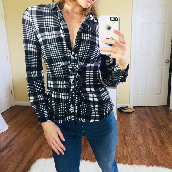Dizzire Tops - Dizzire Black & White Plaid Lace Front Blouse | M